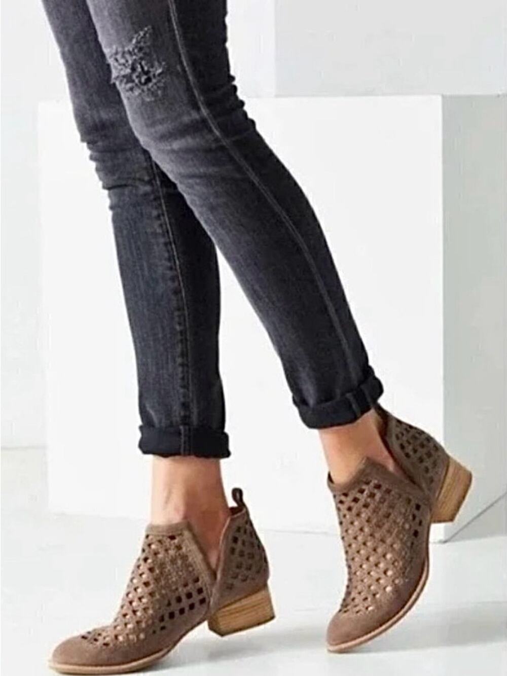 Jeffrey Campbell Taggart Booties, Perforated Suede, Chunky Wooden Heel, Size 10